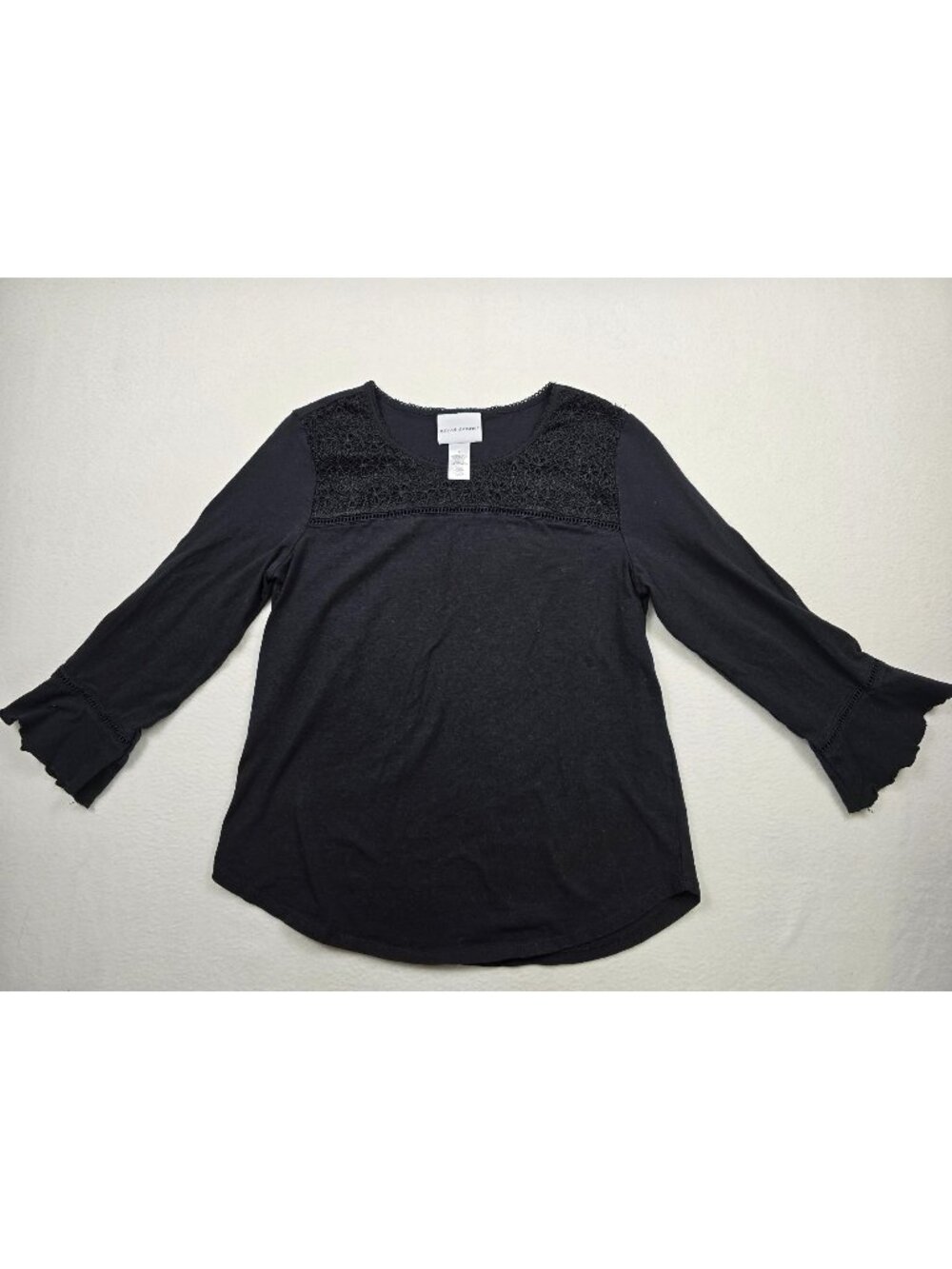 Alfred Dunner Womens Black 3/4 Sleeve Cotton Knit Top Lace Accents Size S